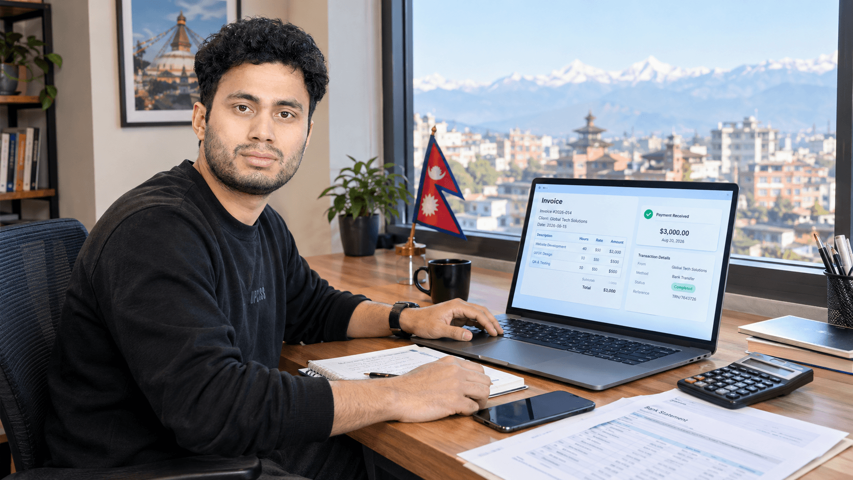 Nepal freelancer receiving an international client payment through a bank account