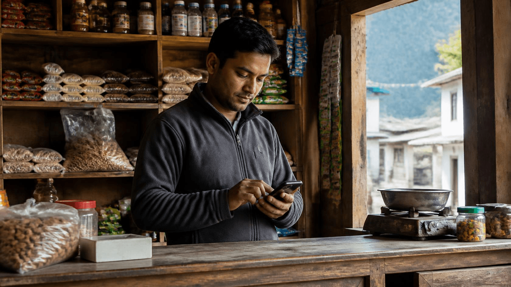 Shop owner in a small Nepali general store using AI on a smartphone